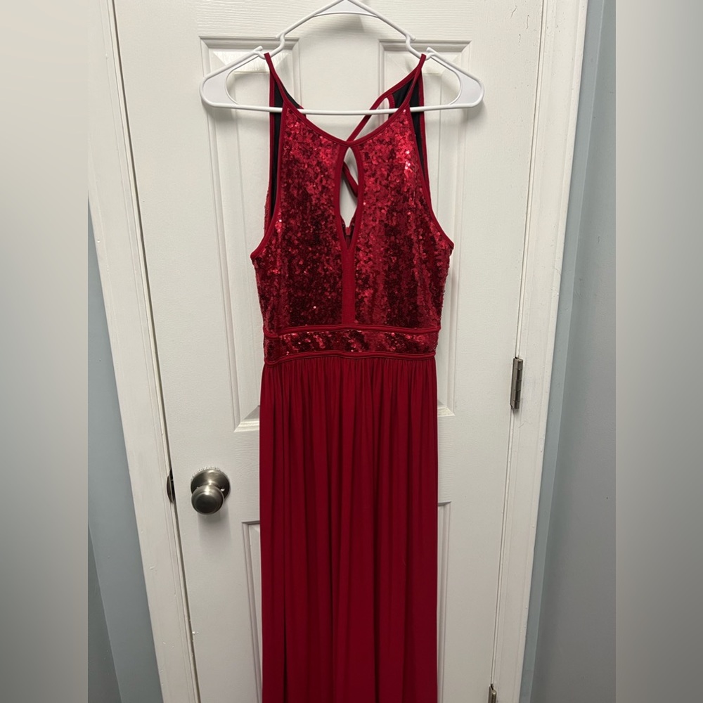 Red sequence floor length prom dress. Size 5